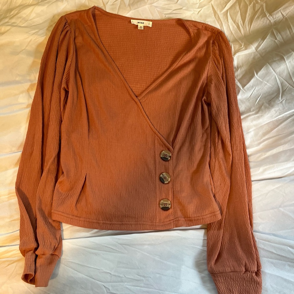 Burnt orange long sleeve v neck top with button details size m